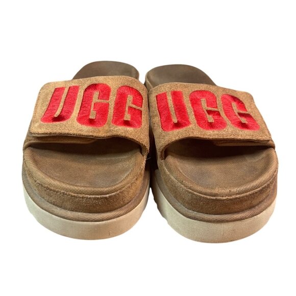 UGG Women's Brown Slide Sandals With Red Logo Straps Size 9 - Picture 1 of 10